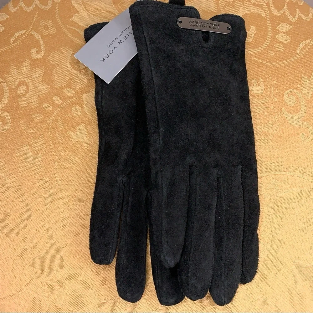 New Small Marc New York Black Leather Suede Gloves Womens Classic Luxury